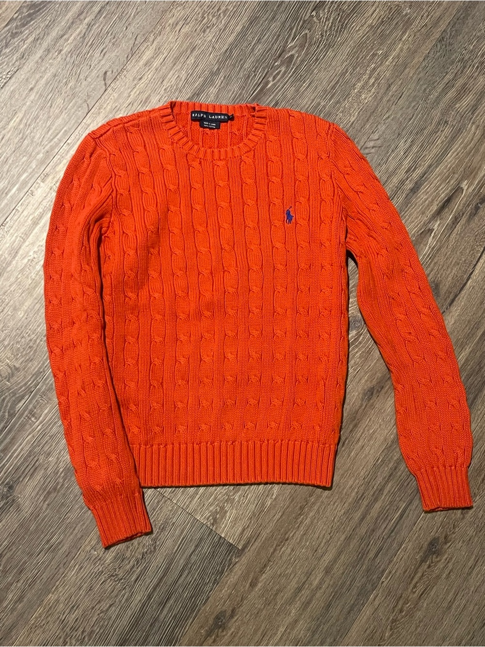 Ralph Lauren | Orange Cable Knit Crew Neck Cotton Sweater Blue Embroidered Logo